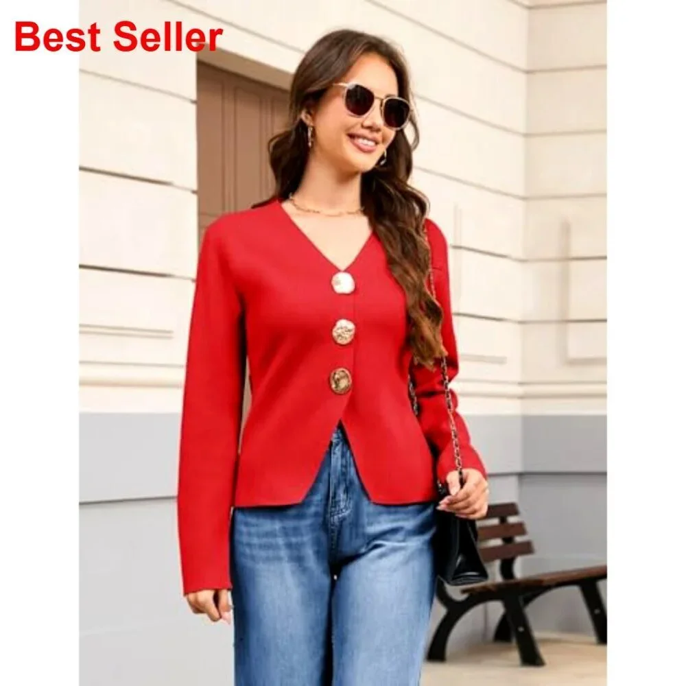 Cropped V-Neck Cardigan with Gold Buttons, Long Sleeve Knit Sweater